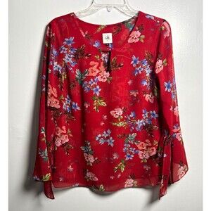 CAbi Red Floral Chiffon Sheer Ruffle Bell Sleeve V-Neck Blouse Women’s S 3590